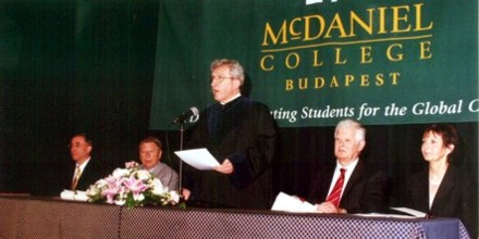 Left to right: Mark Tauber, Cultural Attaché of the United States Embassy - Dr. Attila Horvath, Director of College International - Dean Frenyó, Dean of the Faculty - Dr. Gabor Drexler, Director of Administrative Affairs  Dr. Matthew Adamson, Director of Academic and Student Affairs