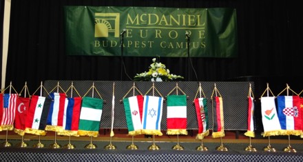 Some of the flags of McDaniel College Budapest